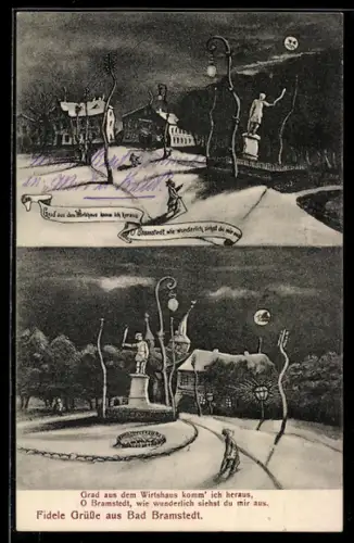 Wirtshaus-AK Bad Bramstedt, Ortsansicht aus der Sicht eines Betrunkenen