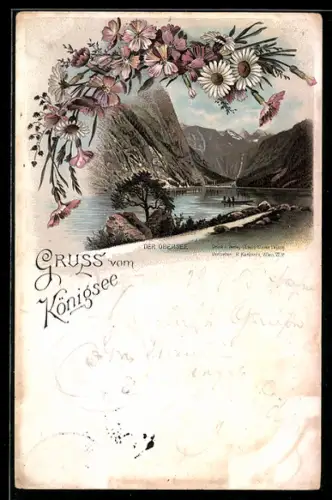 Lithographie Königsee, Blick über den Obersee