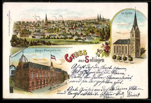 Lithographie Solingen, Haupt-Postgebäude, ev. Kirche