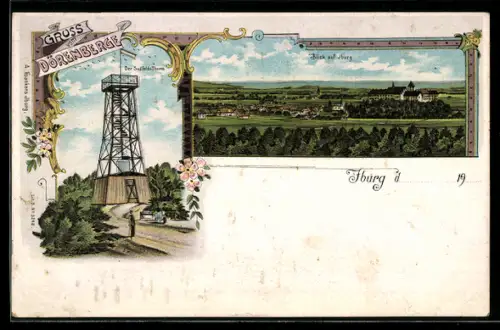 Lithographie Iburg, Dornberg mit Sudfeldsturm, Blick auf den Ort