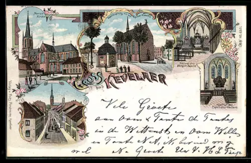 Lithographie Kevelaer, Marienkirche, Kapellenplatz mit Kerzerkapelle, Hauptstrasse