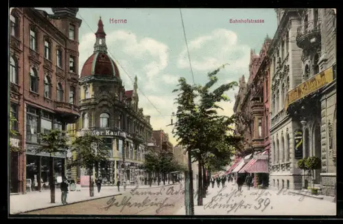 AK Herne, Bahnhofstrasse mit Hotel Schlenkhoff
