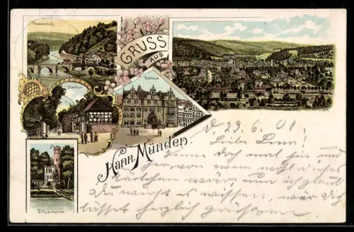 Lithographie Hann. Münden, Weserblick, Obertor, Rathaus, Tillyschanze