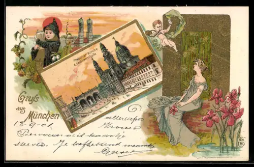 Lithographie München, Theatinerkirche, Feldherrnhalle, Münchner Kindl