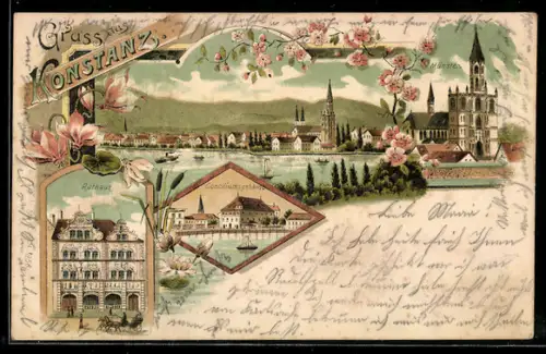 Lithographie Konstanz, Münster, Rathaus, Conciliumsgebäude