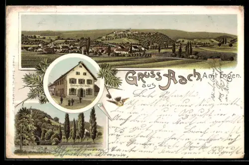 Lithographie Aach /Engen, Handlung Karl Riemele, Ortspanorama