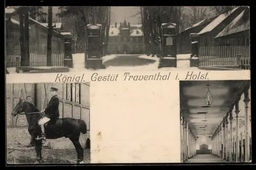 AK Traventhal i. Holst., Königliches Gestüt im Schnee, Stallungen
