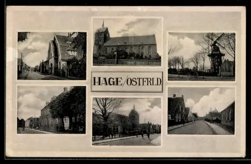 AK Hage /Ostfrld., Kirche, Strassenansichten, Mühle