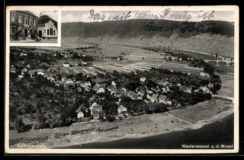 AK Niederemmel a. d. Mosel, Gasthof Zum Moseltal, Inh. Georg B., Zeltlagerplatz aus der Vogelschau