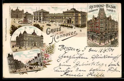 Lithographie Hannover, Bahnhof, Residenz-Bazar, Grupenstrasse 15, Post
