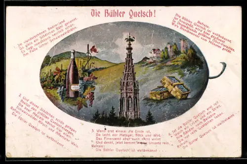 AK Bühl, Volksfest Bühler Quetsch, Wein, Turm und Körbe im Zwetschgenpassepartout