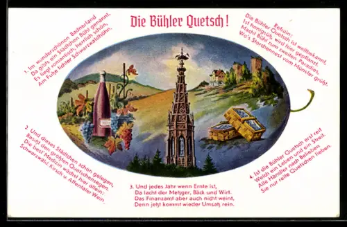 AK Bühl, Volksfest Bühler Quetsch, Flasche, Turm und Ruine im Zwetschgen-Passepartout