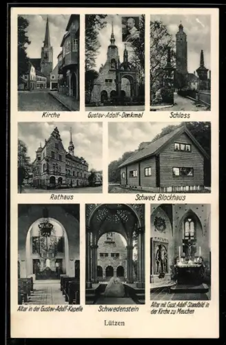 AK Lützen, Gustav-Adolf-Denkmal, Rathaus, Schwedenstein