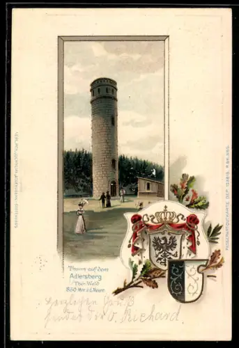 Passepartout-Lithographie Adlersberg b. Suhl, Urlauber vor dem Turm, Wappen