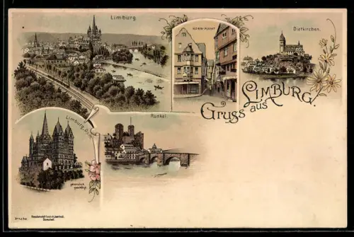 Lithographie Limburg, Gesamtansicht mit Eisenbahn, Dom, Runkel, Korn-Markt, Dietkirchen