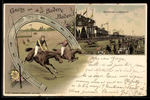 Lithographie Iffezheim, Pferdewettrennen, Hufeisen