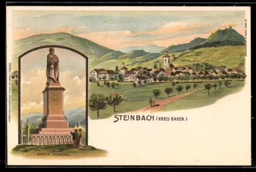 Lithographie Steinbach / Baden-Baden, Erwin-Denkmal, Ortsansicht
