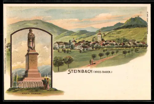 Lithographie Steinbach / Baden-Baden, Erwin-Denkmal, Ortsansicht