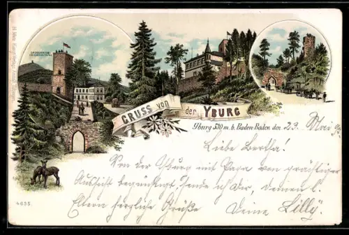 Lithographie Yburg, Grossherzog-Friedrichsturm, Besucher an der Ruine