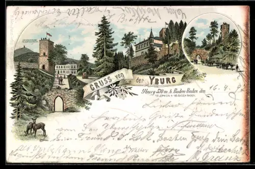 Lithographie Yburg, Grossherzog-Friedrichsturm, Besucher an der Ruine