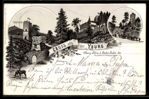 Lithographie Baden-Baden, Ruine Yburg und Friedrichsthurm