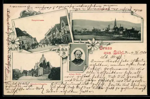 AK Bühl, Blick in die Hauptstrasse, Friedhof-Kapelle