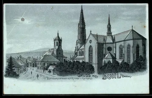 Mondschein-Lithographie Bühl i. Baden, Eisenbahnstrasse mit Kirche und Rathaus