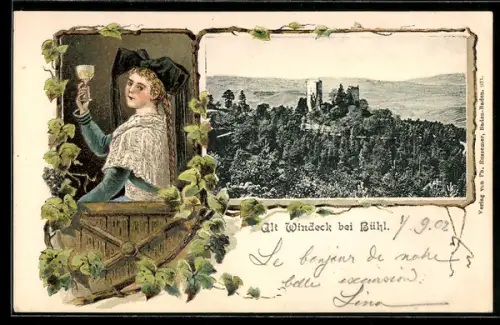 Lithographie Alt Windeck bei Bühl, Burgruine, Frau hält Weinglas, Passepartout
