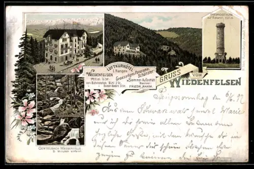 Lithographie Bühlertal, Hotel Wiedenfelsen, Friedrichsturm