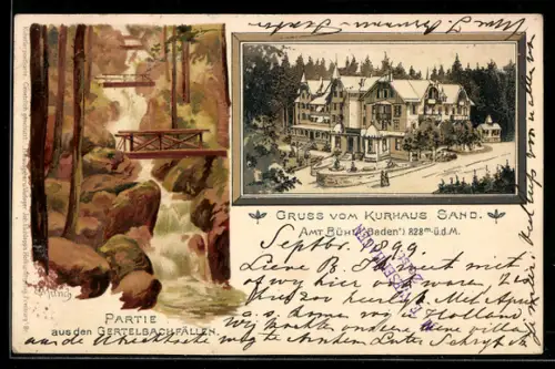 Künstler-AK Carl Münch: Bühl, Kurhaus Sand und Partie aus den Gertelbachfällen