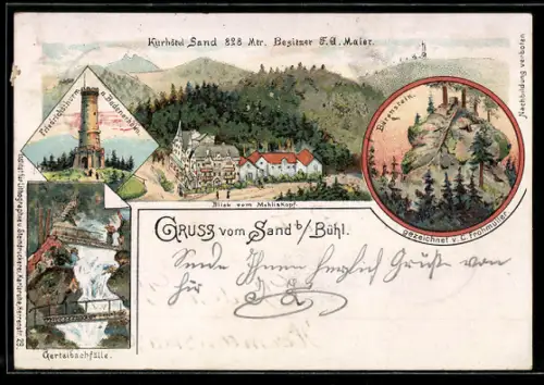 Lithographie Sand b. Bühl, Kurhotel Sand, Friedrichsturm a. Badenerhöhe, Gertelbachfälle