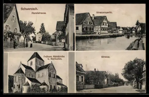 AK Schwarzach, Hurststrasse, frühere Abteikirche von Nordosten, Strassenpartie