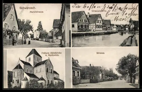 AK Schwarzach, Hurststrasse, frühere Abteikirche von Nordosten, Strassenpartie