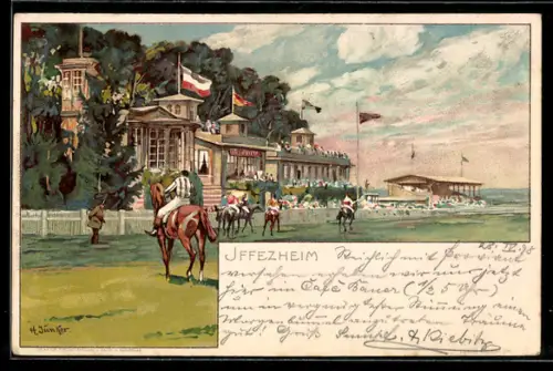 AK Iffezheim, Ortspartie mit Jockeys auf Pferden, Pferdesport