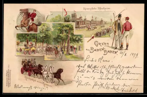 Lithographie Iffezheim, Badener Rennen, Rennplatz, Rückfahrt vom Rennen, Pferdesport