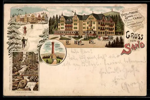 Lithographie Sand, Hotel Pension Sand v. F. Maier, Friedrichturm auf der Badener Höhe, Gertelbach-Wasserfälle