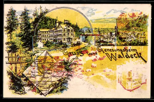 Lithographie Waldeck, Genesungsheim, Teilansicht, Landkarte mit Vollmaringen, Ebhausen und Pfrondorf