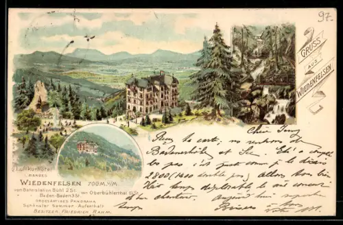 Lithographie Wiedenfelsen, Hotel mit Kapelle, Wasserfall