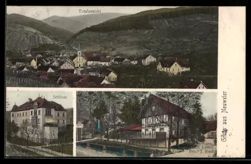 AK Neuweier, Gasthaus zum Lamm von J. Riedel, Schloss, Totale des Ortes mit Kirche
