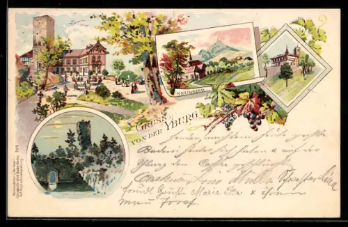 Lithographie Neuweier, Ruine der Yburg und verschiedene Ortsansichten