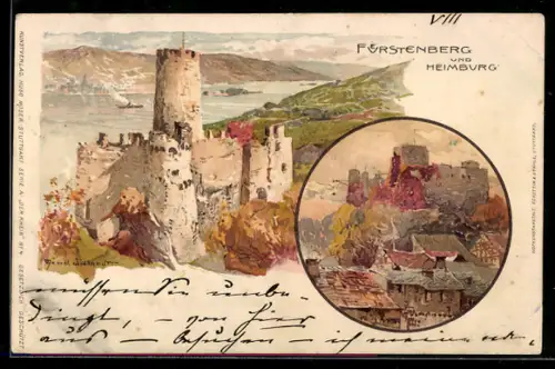 Künstler-AK Manuel Wielandt: Niederheimbach, Fürstenberg und Heimburg