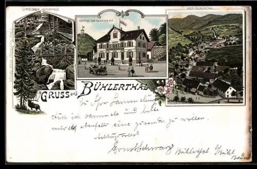Lithographie Bühlerthal, Gasthaus zum Badischen Hof, Gertelbach Wasserfälle, Ober-Bühlerthal