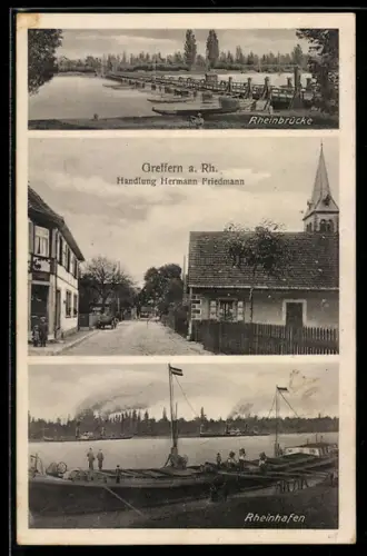 AK Greffern a. Rh., Handlung von Hermann Friedmann, Rheinbrücke, Rheinhafen