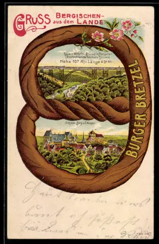 Passepartout-Lithographie Müngsten, Schloss Burg, Kaiser Wilhelm Brücke in einer Brezel