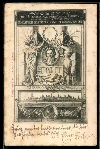 AK Augsburg, Beethoven-Feier 1898, Portrait Ludwig van Beethoven, Stadtsilhouette