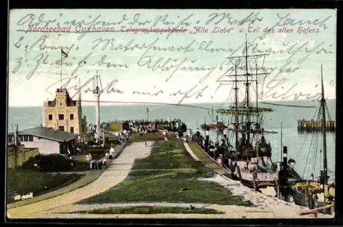 AK Cuxhaven, Telegraphengebäude Alte Liebe, Teil des alten Hafens