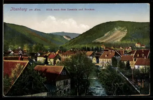 AK Ilsenburg am Harz, Blick nach dem Ilsetein und Brocken
