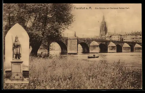 AK Alt-Frankfurt, Alte Brücke, Denkmal Kaiser Karl