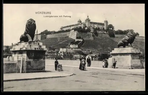 AK Würzburg, Ludwigsbrücke mit Festung