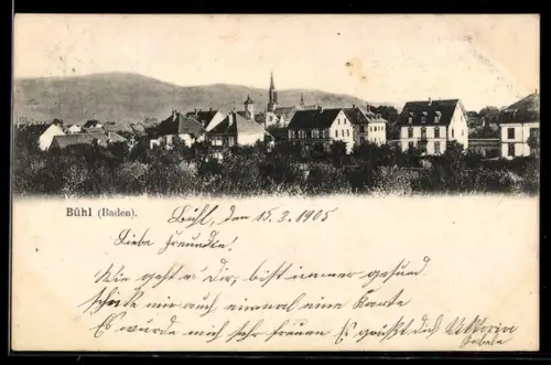 AK Bühl /Baden, Ortsansicht mit Kirche und Wohnhäusern